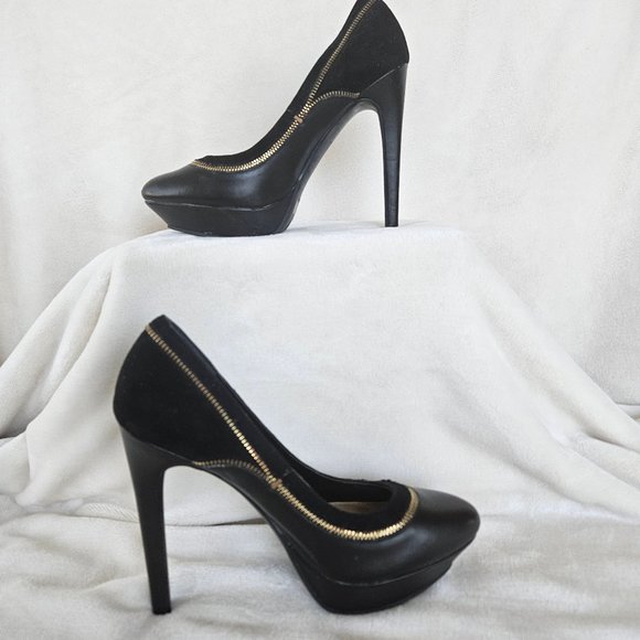SIZE 8.5 Jessica Simpson Black Platform Zipper Trim Heels Pumps EUC - Picture 2 of 12